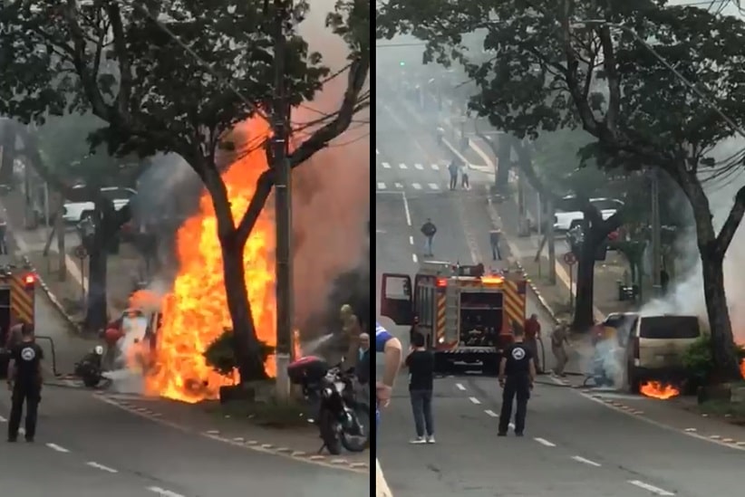 Veículo paraguaio é destruído por incêndio no centro de Foz do Iguaçu