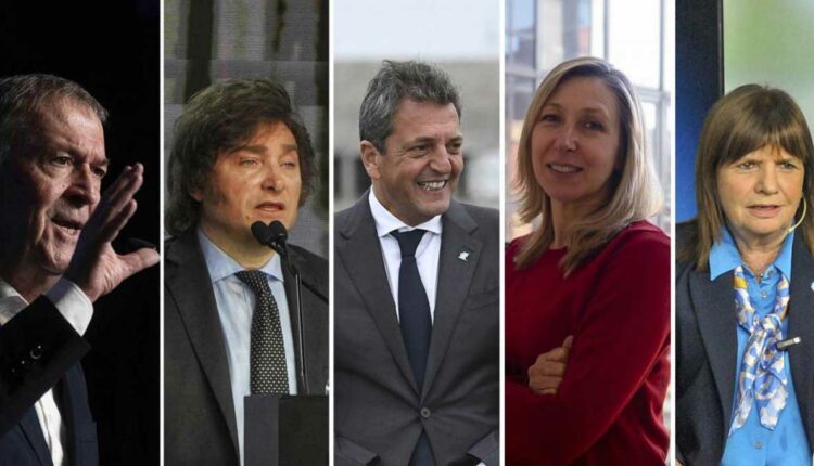 Schiaretti, Milei, Massa, Bregman e Bullrich, em imagem compartilhada pela agência pública Télam.