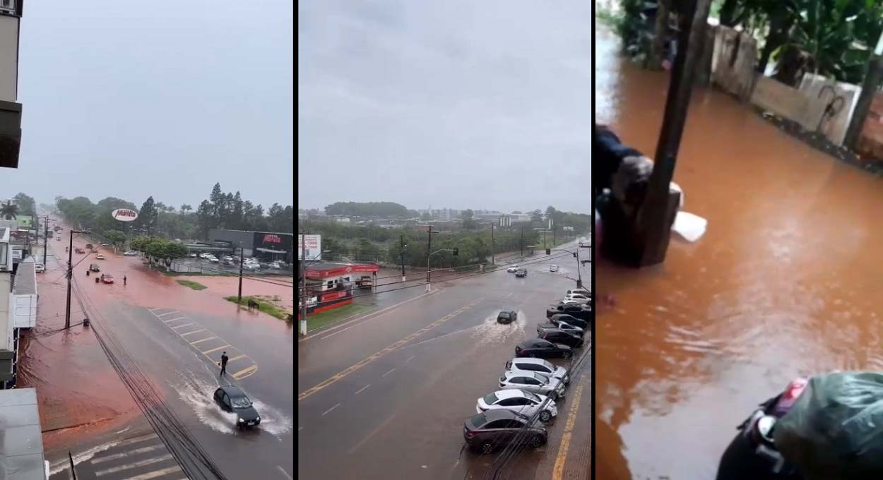 Trechos de vídeos de autoria indeterminada, distribuídos via WhatsApp, mostram trechos de alagamento no perímetro urbano de Foz do Iguaçu.