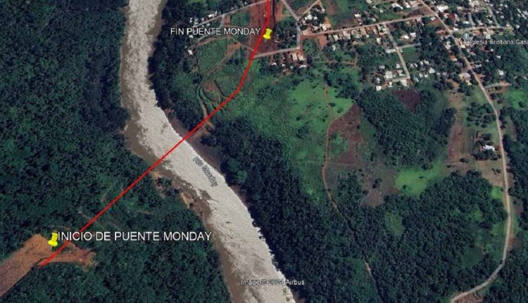 Ponte ficará no trecho final do Rio Monday, perto da foz com o Rio Paraná. Imagem: Google Earth