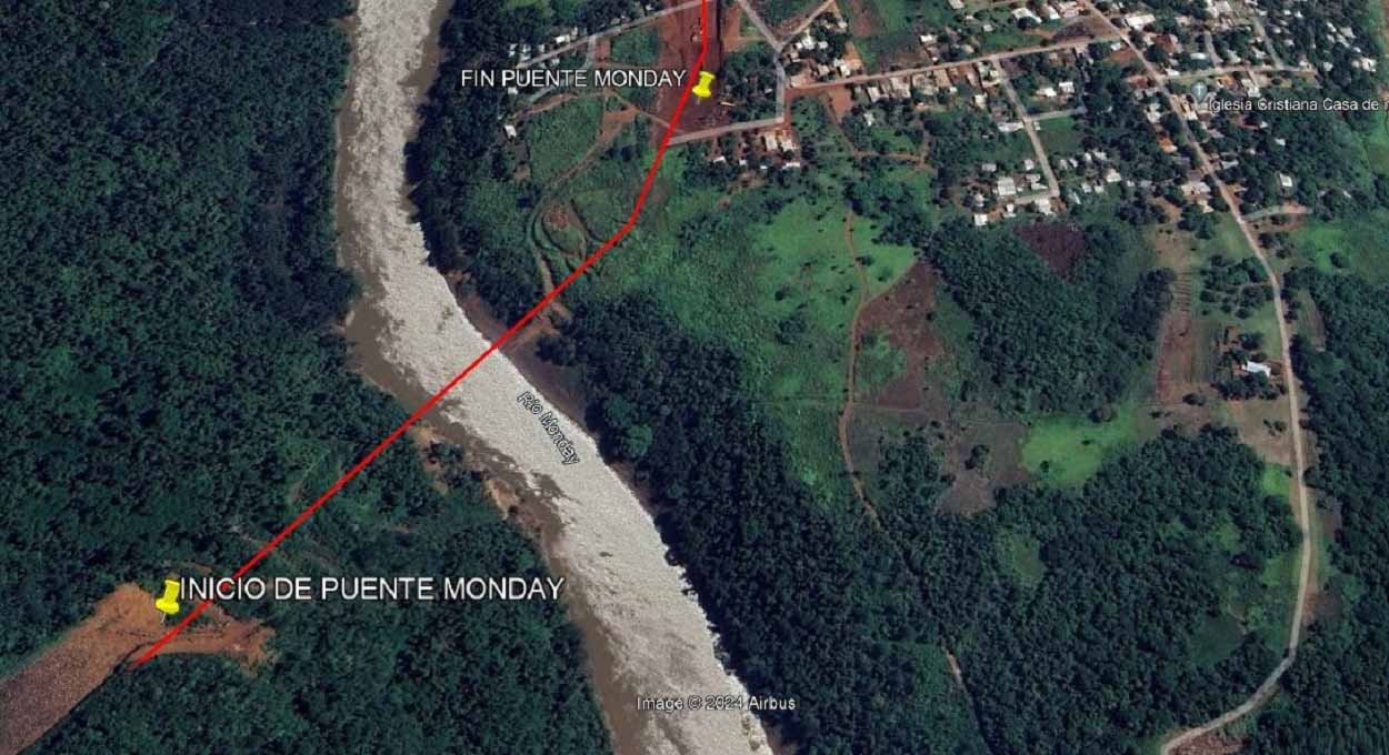 Ponte ficará no trecho final do Rio Monday, perto da foz com o Rio Paraná. Imagem: Google Earth