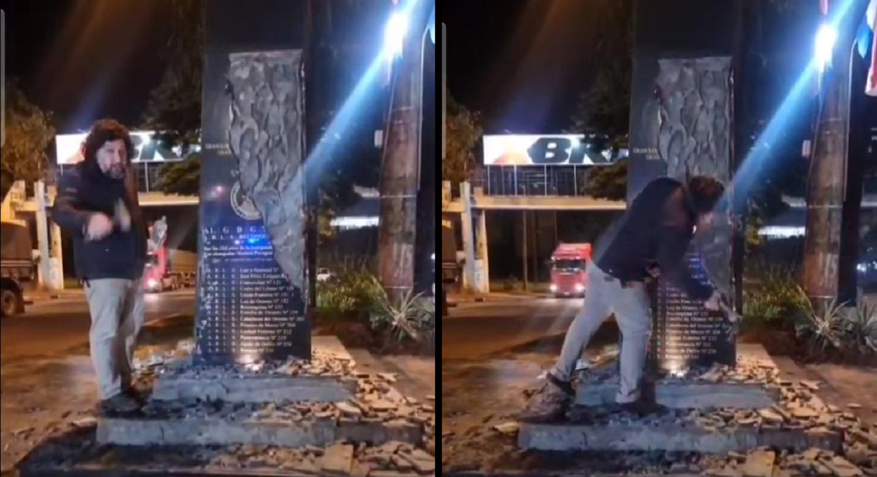 Ex-vereador usa marreta para derrubar monumento no Paraguai