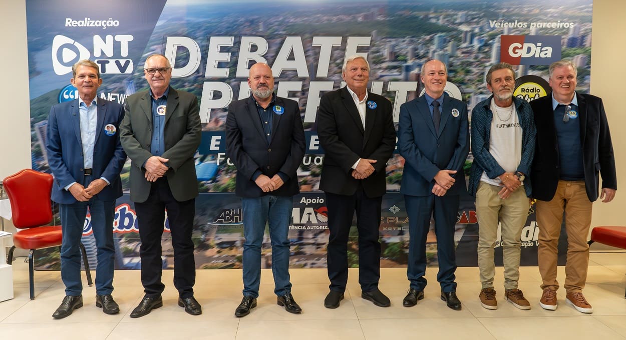 Silva e Luna, Caimi, Airton José, Paulo Mac Donald, Zé Elias, Latinha e Samis, candidatos a prefeito de Foz do Iguaçu em 2024. Foto: Marcos Labanca/H2FOZ