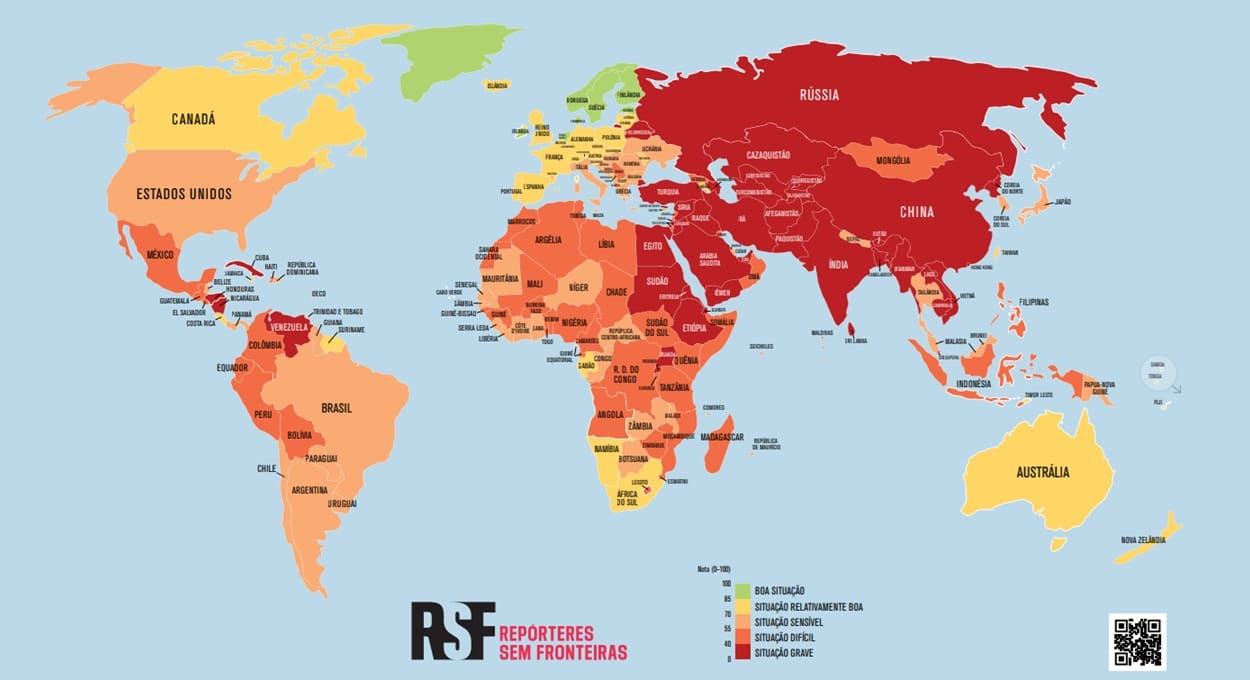 Países da região aparecem na cor laranja no Ranking Mundial de Liberdade de Imprensa.