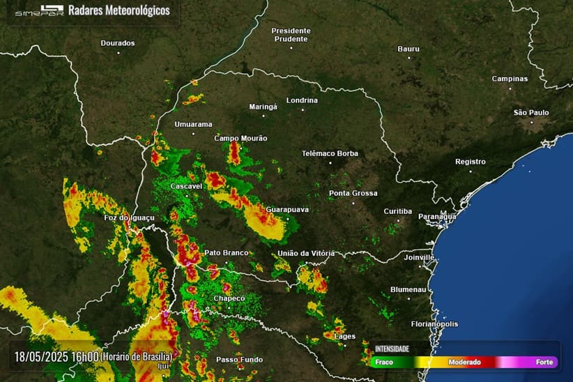 Radar do Simepar mostra a chuva na região de fronteira por volta das 16h.