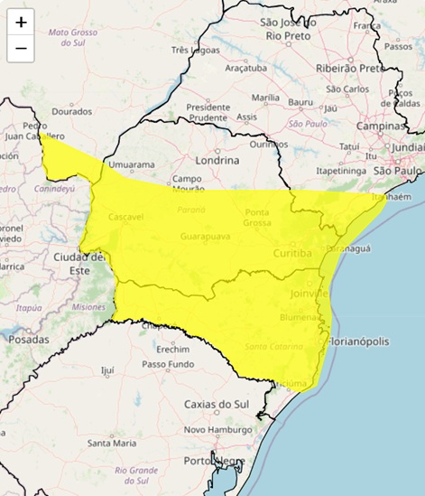 Foz do Iguaçu está na área de abrangência do alerta amarelo.