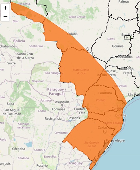 Área de cobertura do alerta laranja emitido pelo Instituto Nacional de Meteorologia.