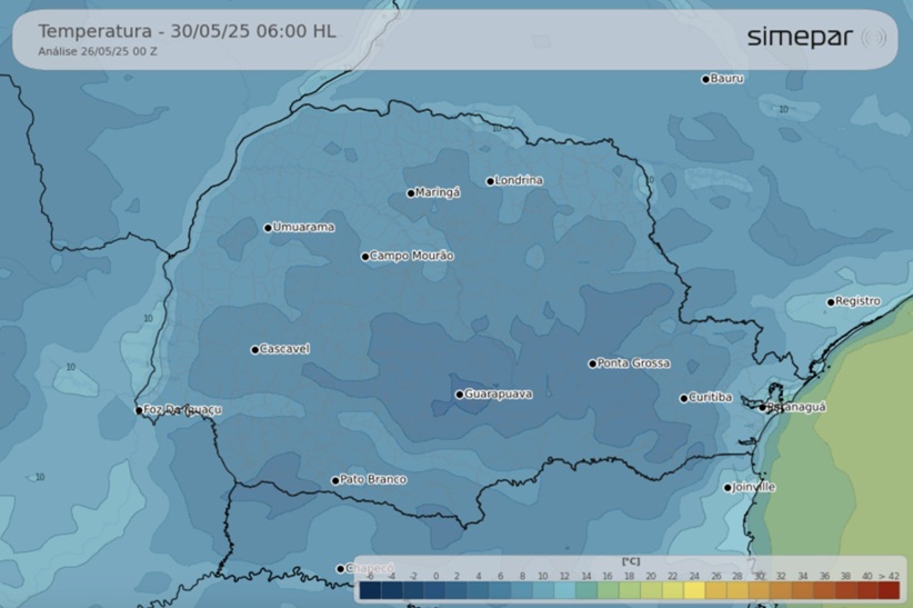 Onda de frio: temperaturas previstas para sexta-feira (30) no Paraná.