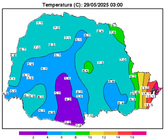 Temperaturas no Paraná durante a madrugada desta quinta-feira (29).