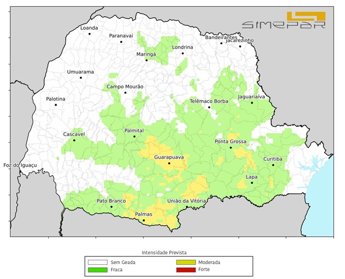 Previsão de geada para o Paraná nas próximas 24 horas.