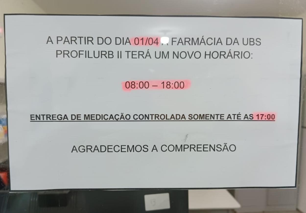 Leitor reclama do novo horário em farmácia na rede de saúde do Porto Meira