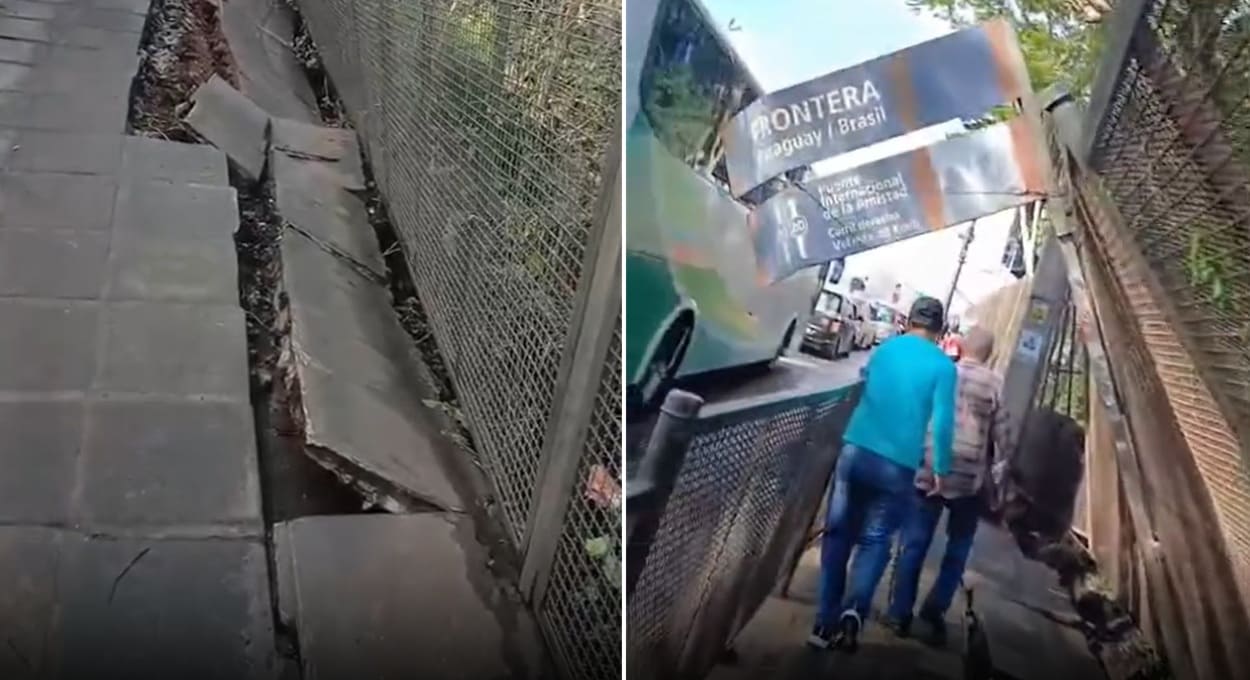 Vídeos compartilhados nas redes sociais mostram o afundamento das grades da passarela na cabeceira paraguaia da Ponte da Amizade.