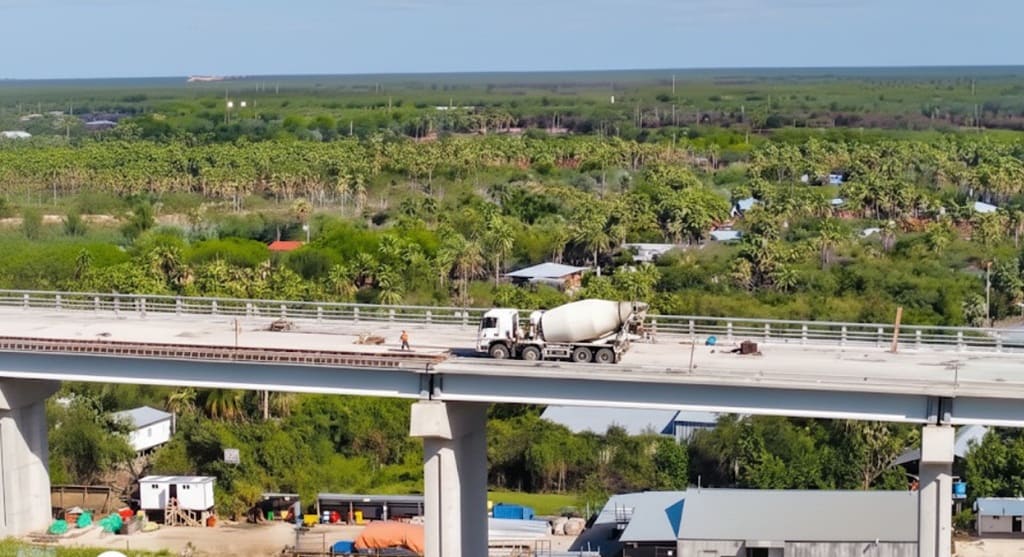 Registro da passagem do primeiro caminhão pelo viaduto paraguaio de acesso à Ponte da Bioceânica.