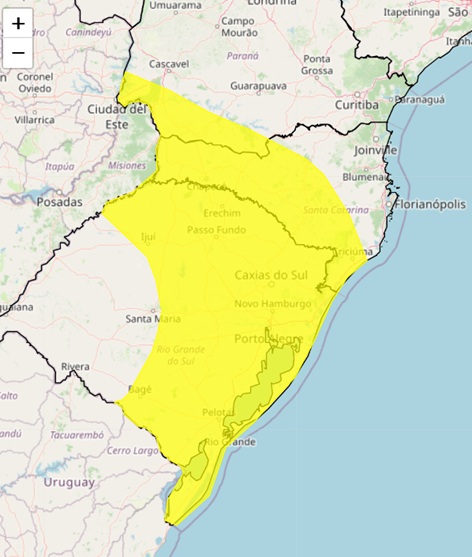 Foz do Iguaçu aparece em uma das pontas do alerta amarelo.