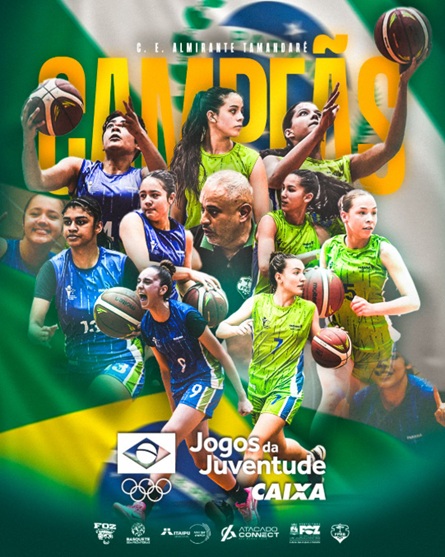 Cartaz comemorando a conquista no basquete.