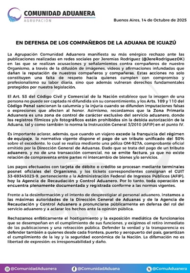 Nota emitida pela comunidade aduaneira da Argentina