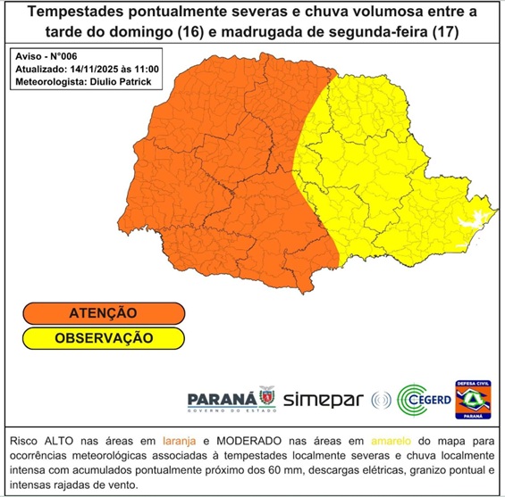 Foz do Iguaçu está na área laranja