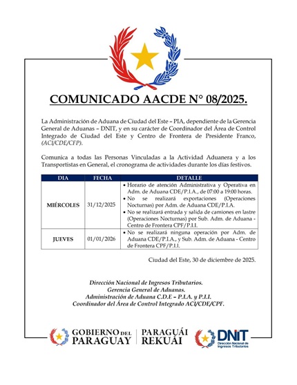 Comunicado divulgado pela aduana do Paraguai.