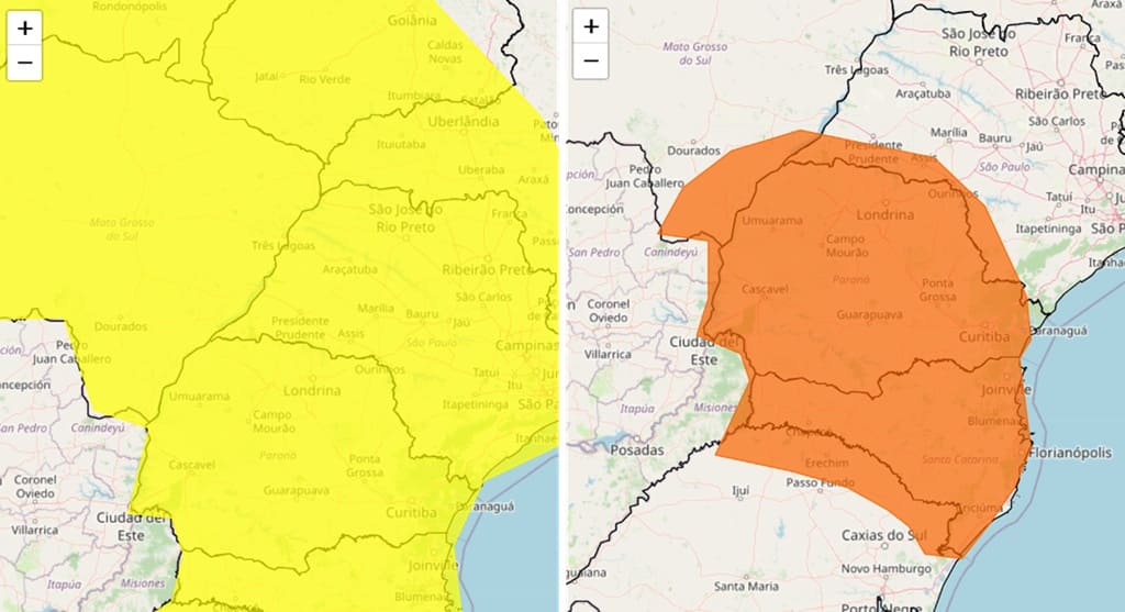 Alertas emitidos pelo Inmet para a região de Foz do Iguaçu. 