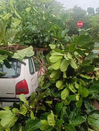 Veículo atingido durante o temporal.