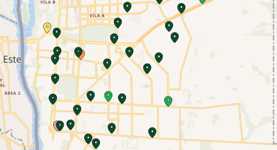 A cor de cada pino resume a nota do posto no app da ANP: verde é boa avaliação, vermelho é a pior. Reprodução/ANP