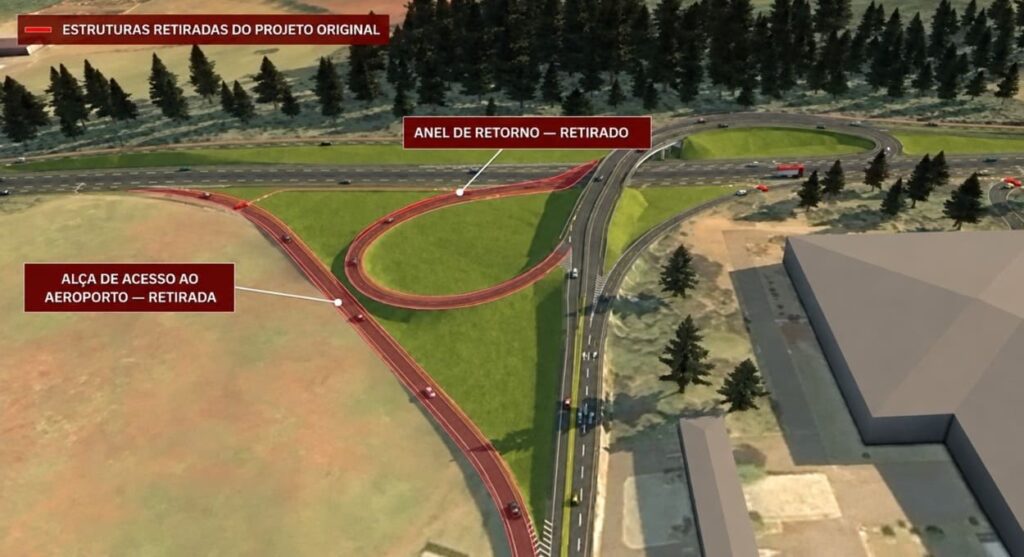 Em vermelho, os acessos suprimidos no projeto do viaduto no trevo de acesso ao Aeroporto Internacional de Foz do Iguaçu.