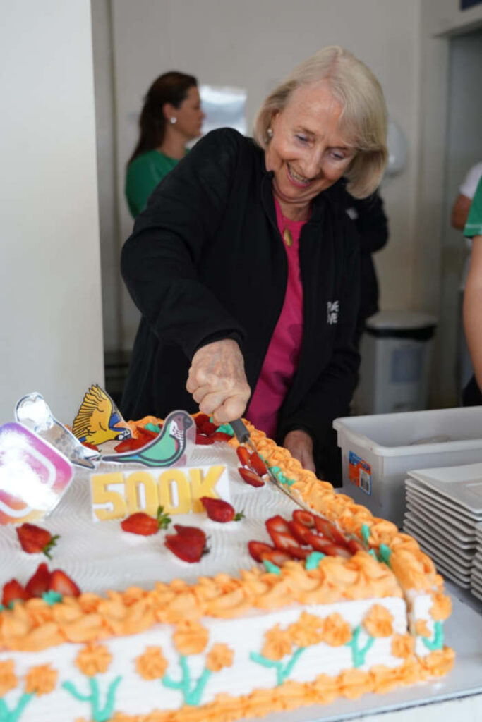 Equipe celebrou a marca com a presença de Anna Croukamp, fundadora do Parque das Aves, e um bolo temático. Foto: divulgação.