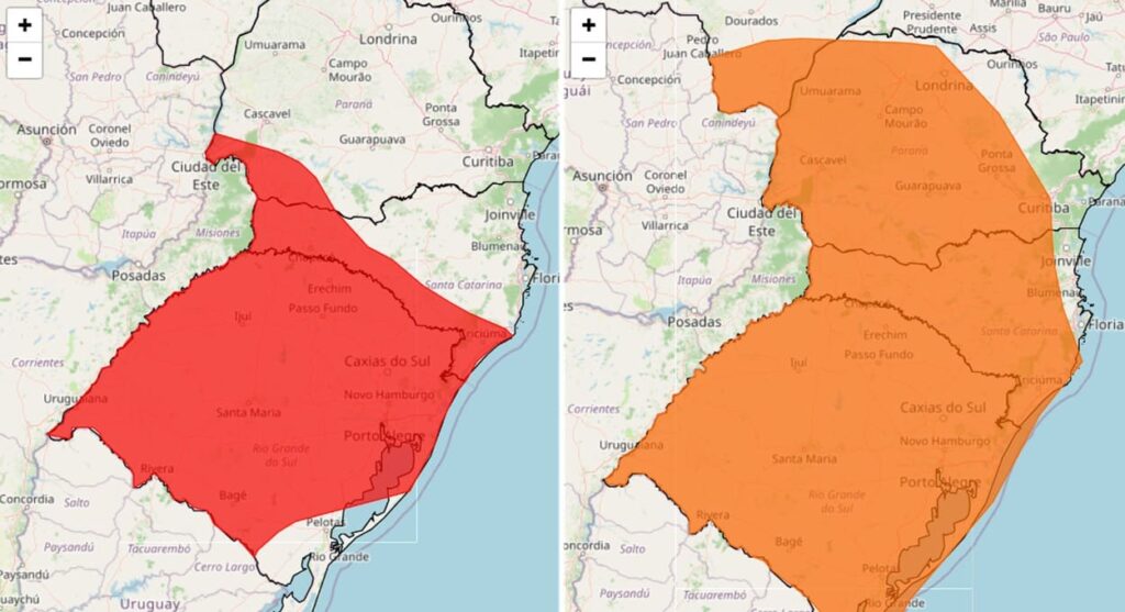 Área de cobertura dos alertas vermelho e laranja, incluindo Foz do Iguaçu