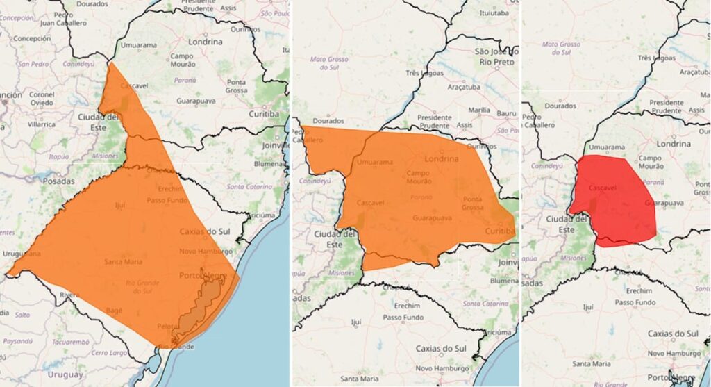 Sequência de alertas meteorológicos para Foz do Iguaçu e região.
