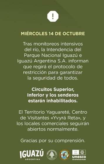 Comunicado emitido pelo lado argentino das Cataratas
